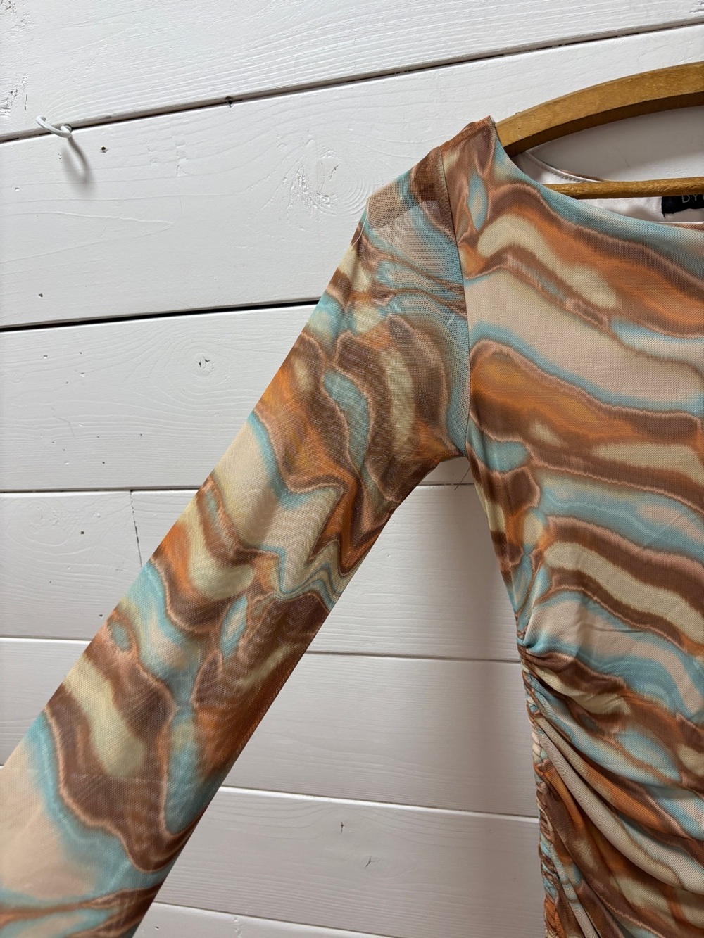 Dynamite Mesh Ruched Mini Dress – Abstract Marble Print – Brown & Blue – Size XS - Picture 5 of 11